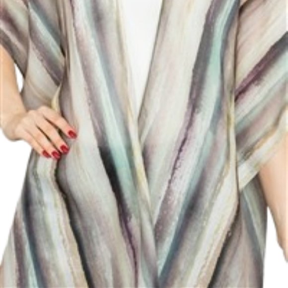 Open Front Kimono Wrap Vertical Green Striped Print Cover Up - Picture 5 of 5